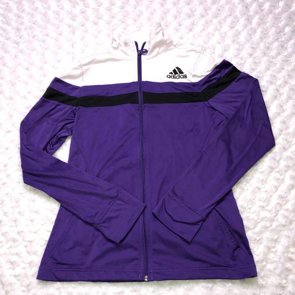 Adidas zip up jacket size small. Purple, white, black. EUC